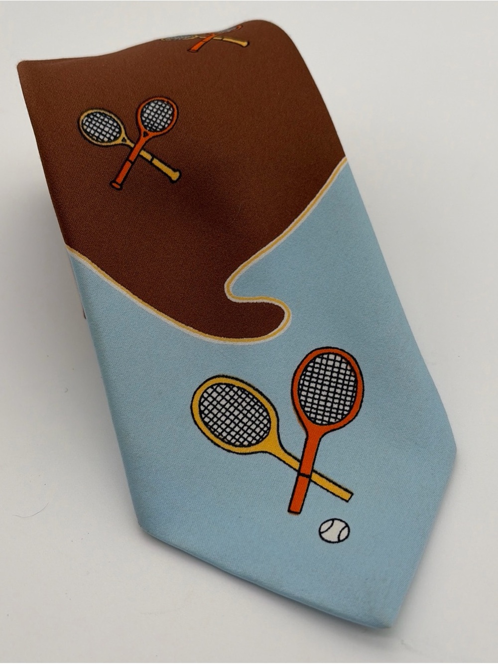 Vintage ROOSTER Ruffler Mens Necktie Brown Blue Tennis Racquet Tie US Open